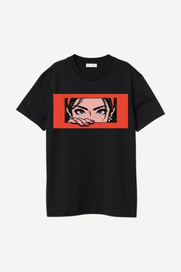 Anime Eyes Graphic T-Shirt – Black Cotton Tee with Red Frame Print | Zarrox