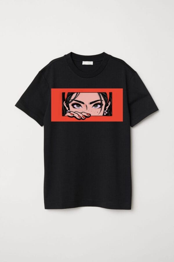 Anime Eyes Graphic T-Shirt – Black Cotton Tee with Red Frame Print | Zarrox